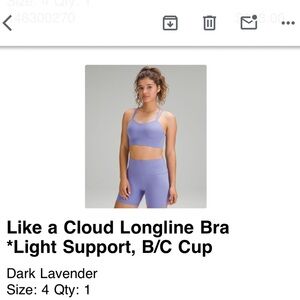 Lululemon Like a Cloud Longline Bra - B/C Cup - Dark Lavender